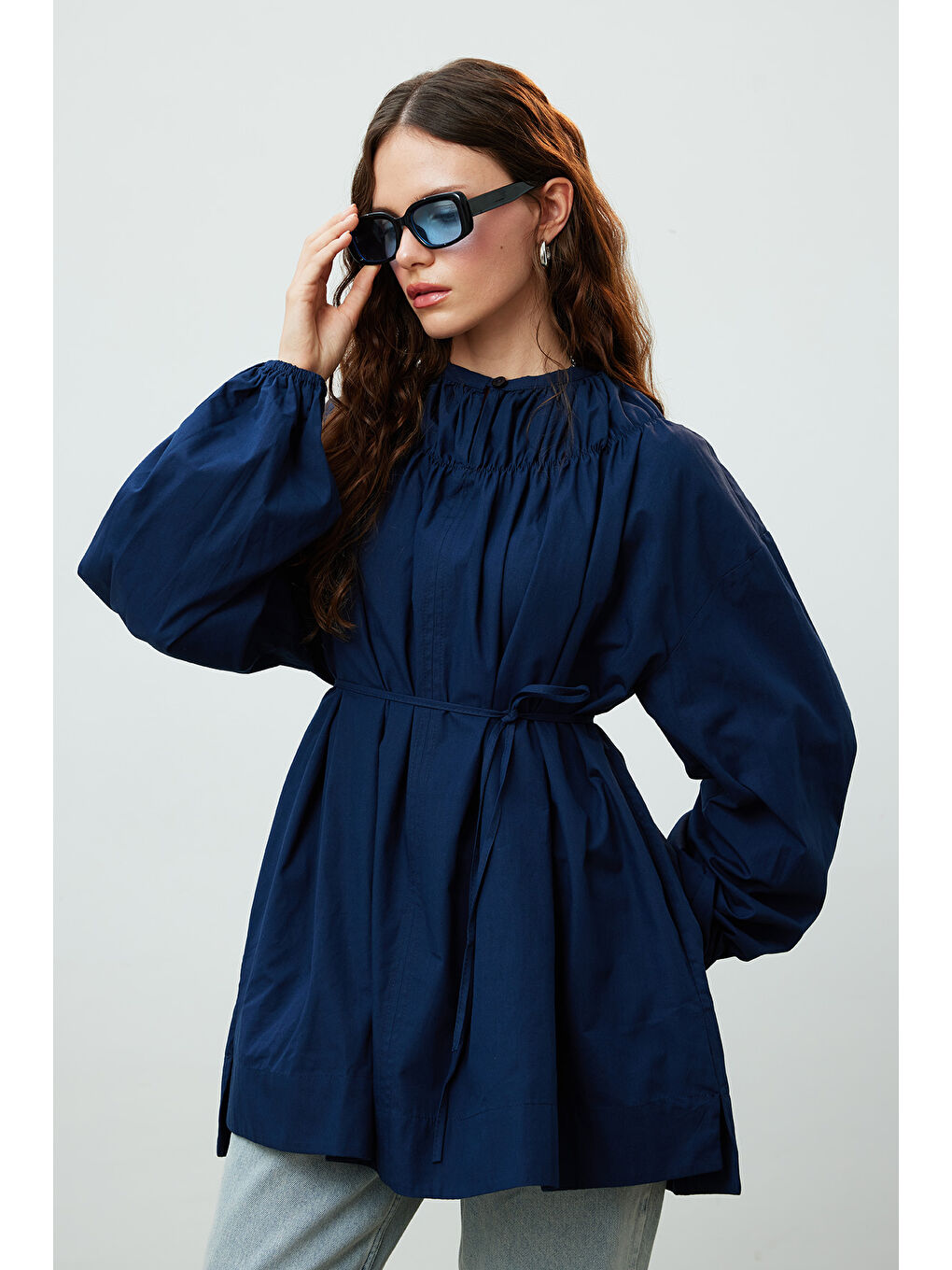 Yakası Büzgülü Tunik Lacivert-6