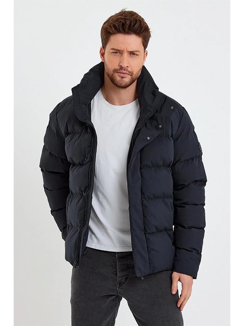 Danger Erkek Dik Yaka Yağmur Ve Rüzgar Geçirmez Puffer Mont Lacivert - 1