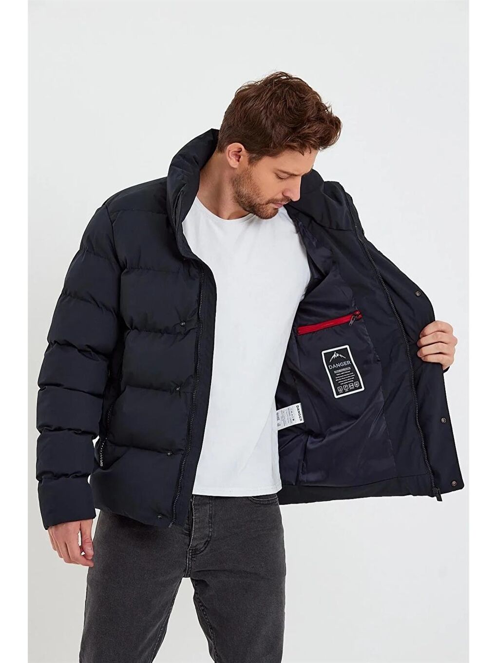 Danger Erkek Dik Yaka Yağmur Ve Rüzgar Geçirmez Puffer Mont Lacivert - 2