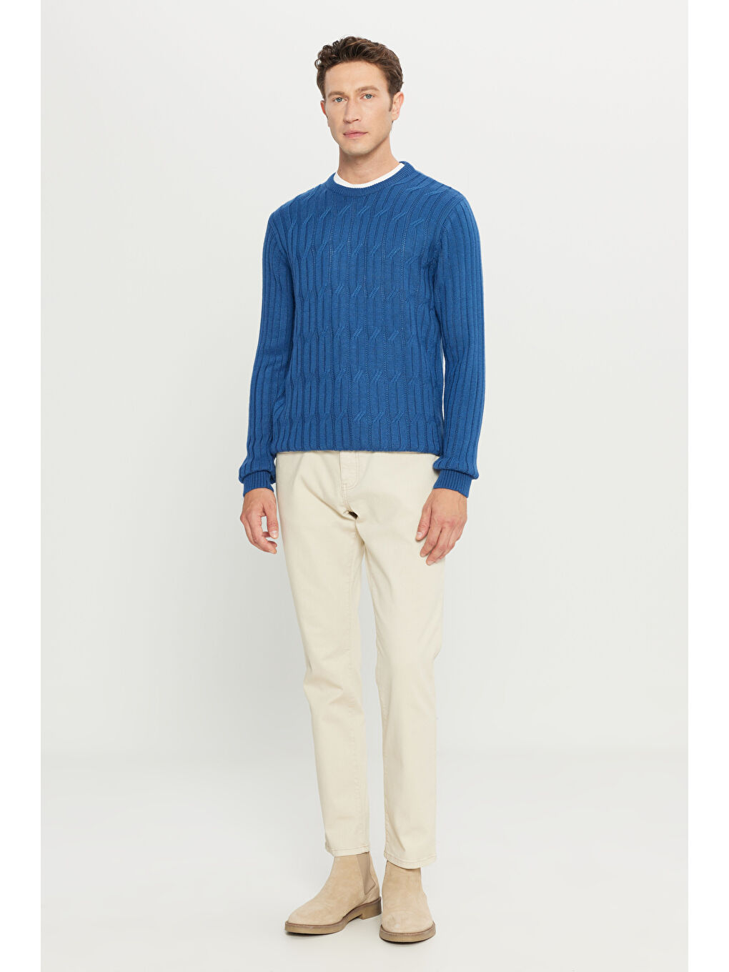 Erkek Havacı Mavi Standart Fit Normal Kesim Bisiklet Yaka Jakarlı Triko %100 Pamuk Kazak-1