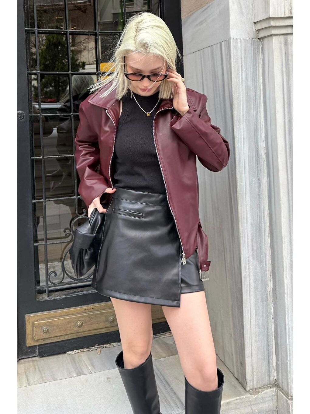 Siyah Kadın Deri Şort Etek Mg2521-7