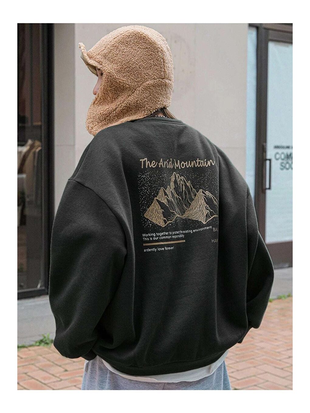 Trendseninle Siyah Kadın SİYAH Arid Mountain Baskılı Oversize Sweatshirt