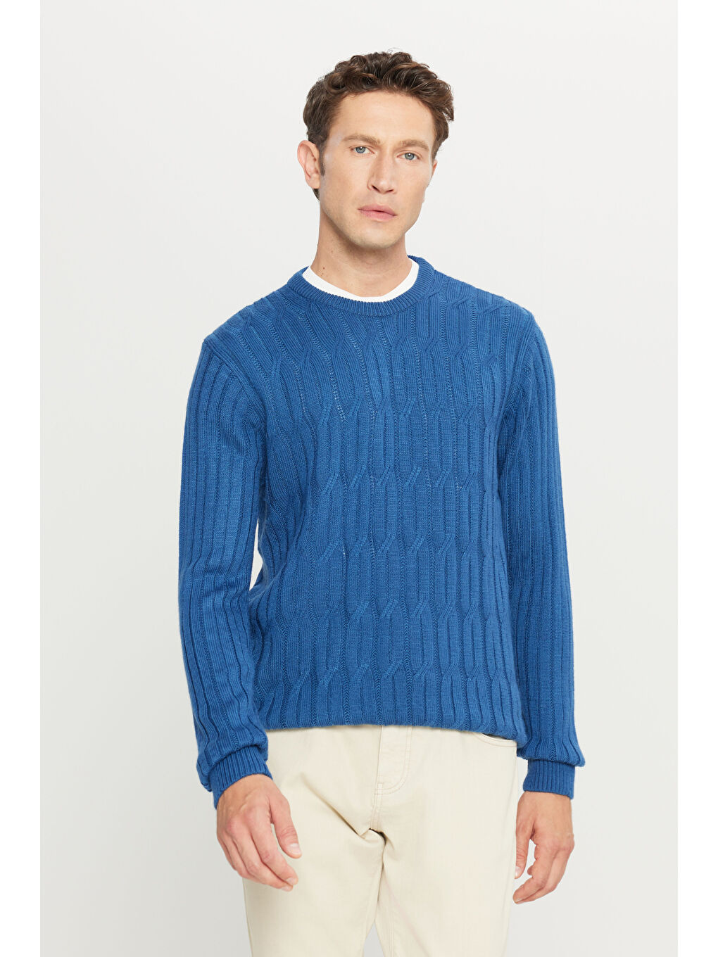 Erkek Havacı Mavi Standart Fit Normal Kesim Bisiklet Yaka Jakarlı Triko %100 Pamuk Kazak-2