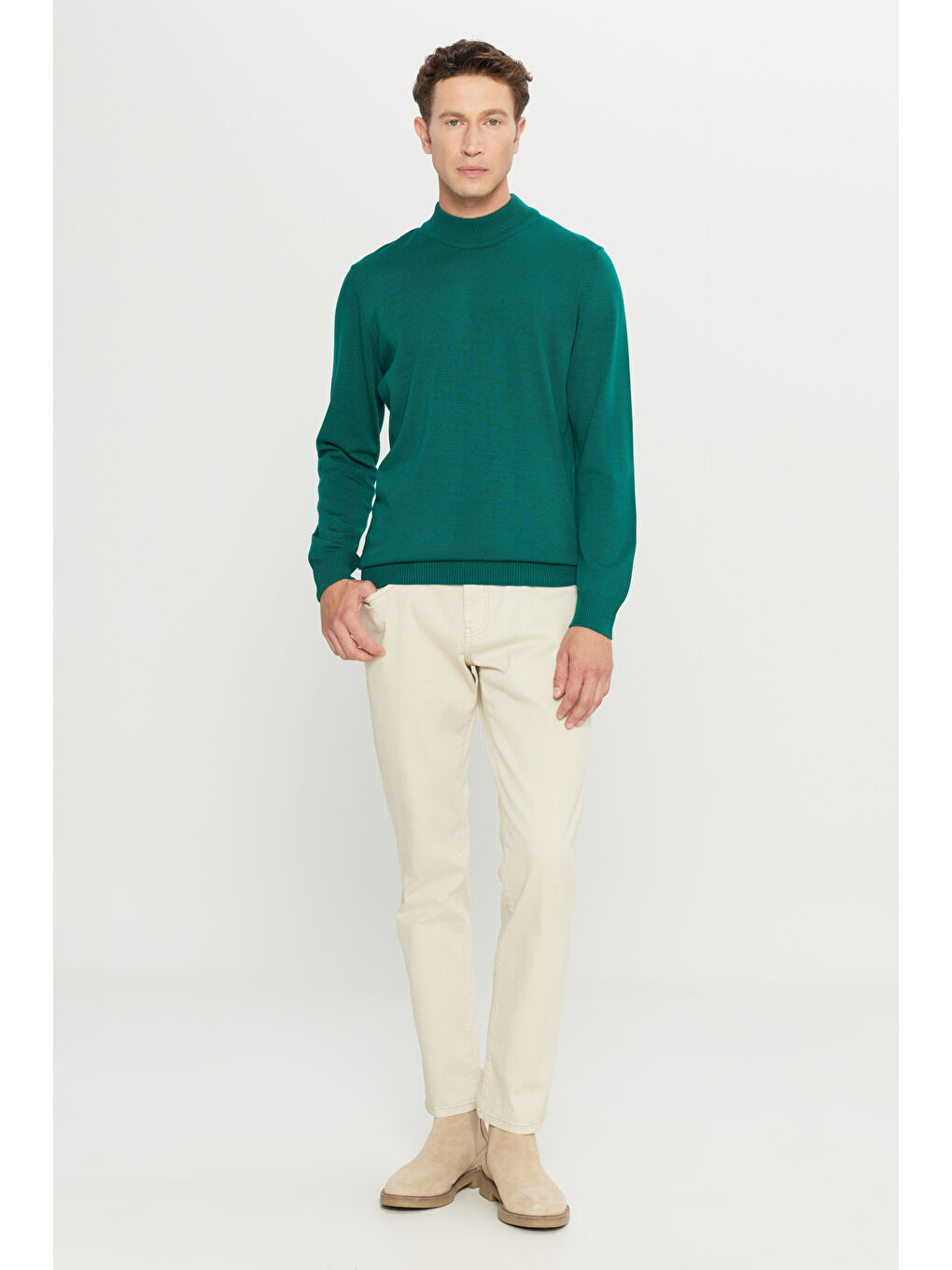 Erkek Koyu Yeşil Tüylenme Yapmayan Anti-Pilling Standart Fit Yarım Balıkçı Yaka Triko Kazak-1