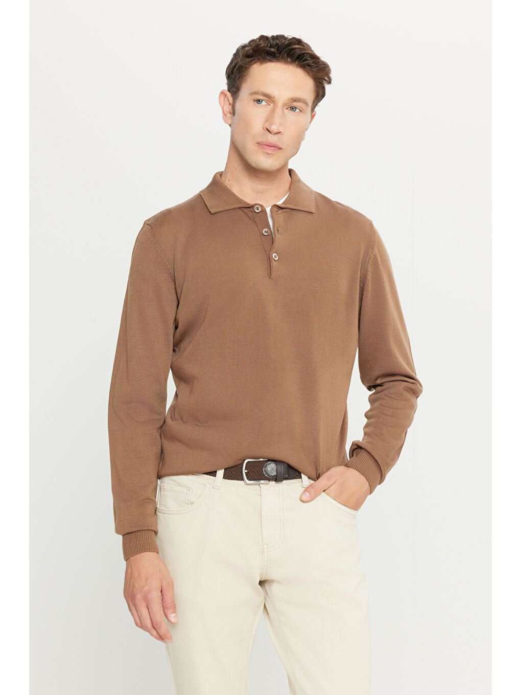 Bej Erkek Vizon Tüylenme Yapmayan Anti Pilling Kumaş Standart Fit Polo Yaka Triko-2