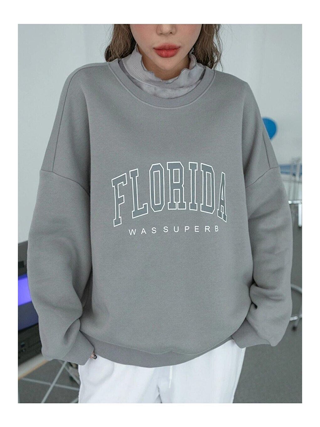 Kadın Gri Florida Baskılı Oversize Sweatshirt
