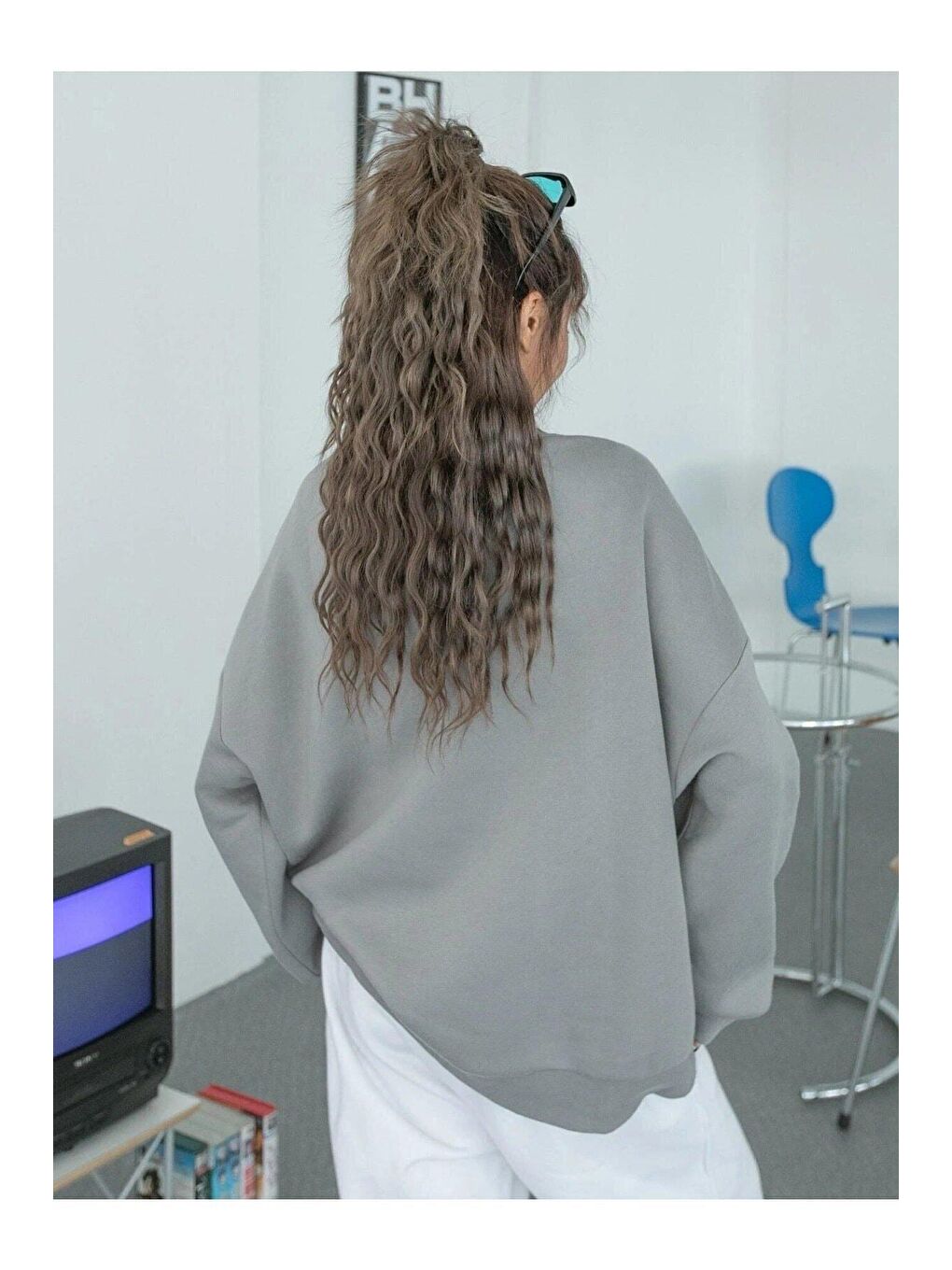 Kadın Gri Florida Baskılı Oversize Sweatshirt-1