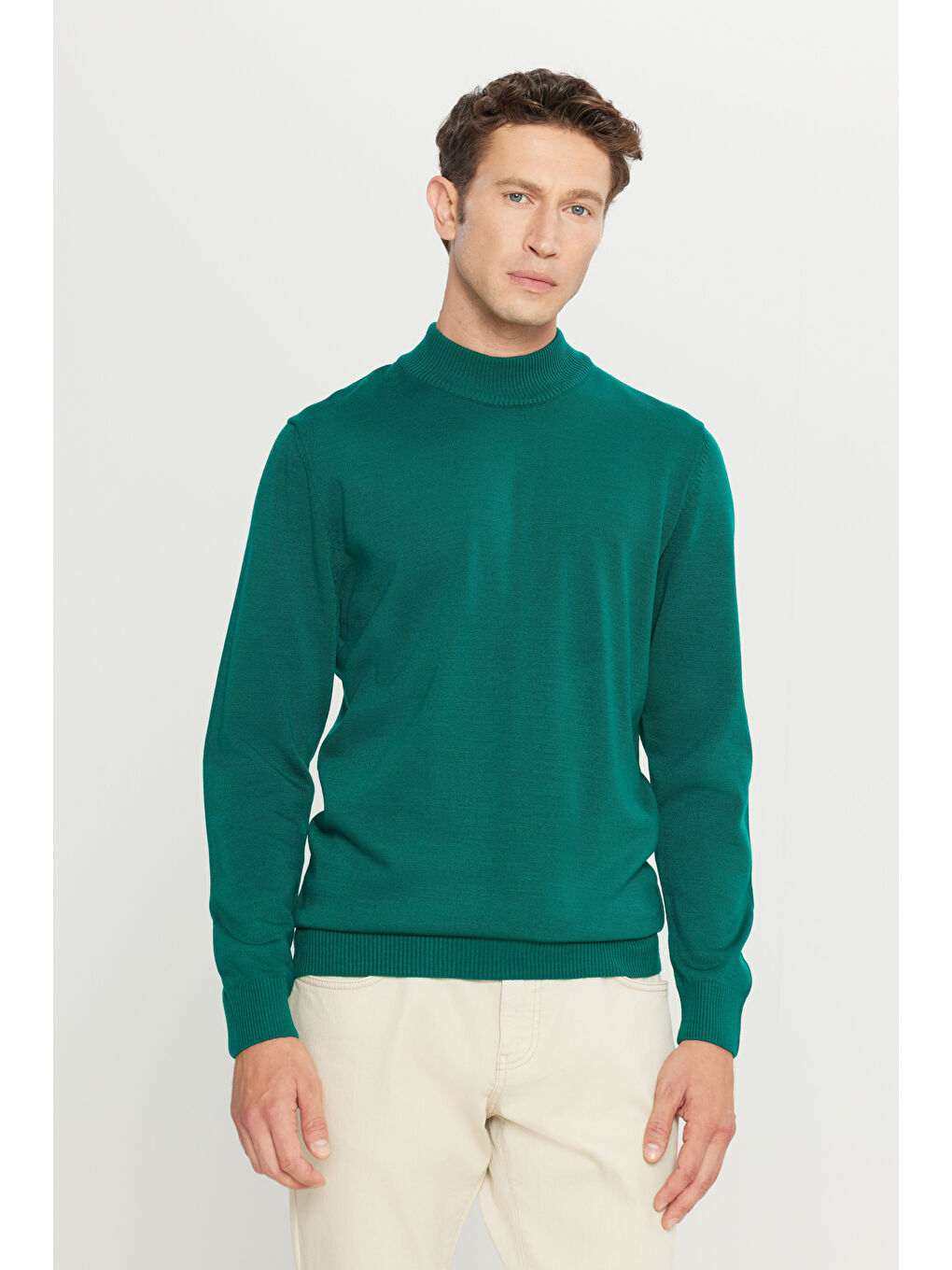 Erkek Koyu Yeşil Tüylenme Yapmayan Anti-Pilling Standart Fit Yarım Balıkçı Yaka Triko Kazak-2