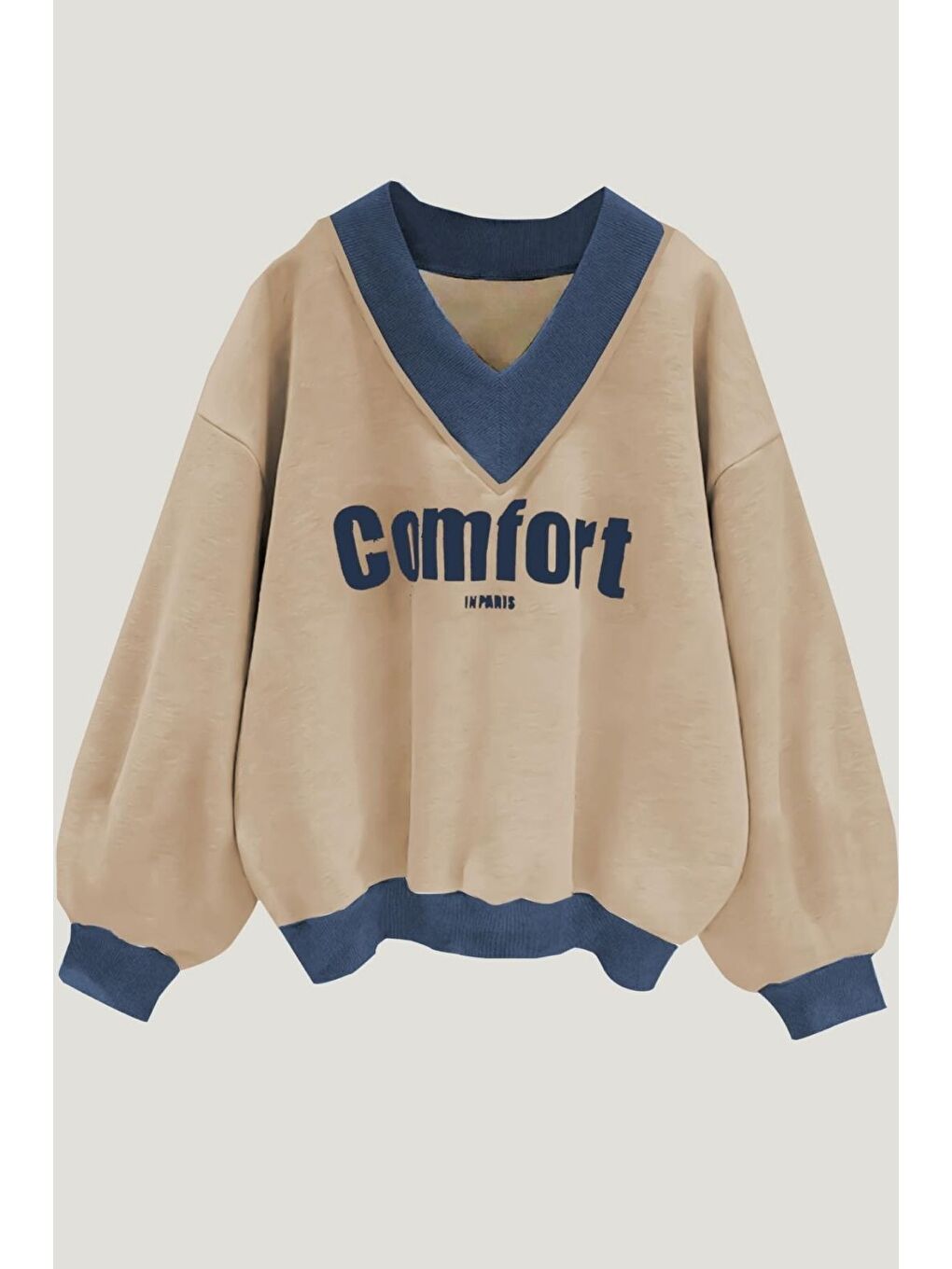 Bej Kadın Vizon Comfort In Paris Baskılı V Yaka Oversize Sweatshirt