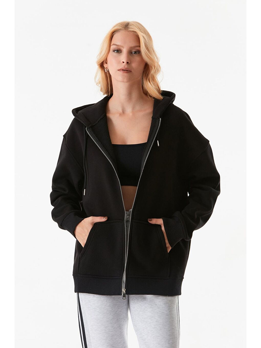 Siyah 3 İplik Basic Fermuarlı Kapüşonlu Oversize Sweatshirt Hoodie-2