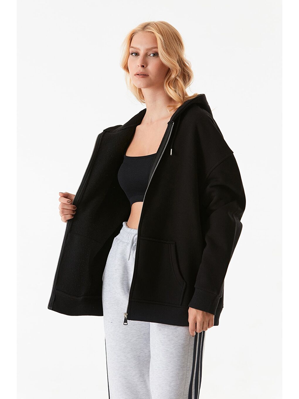 Siyah 3 İplik Basic Fermuarlı Kapüşonlu Oversize Sweatshirt Hoodie-3