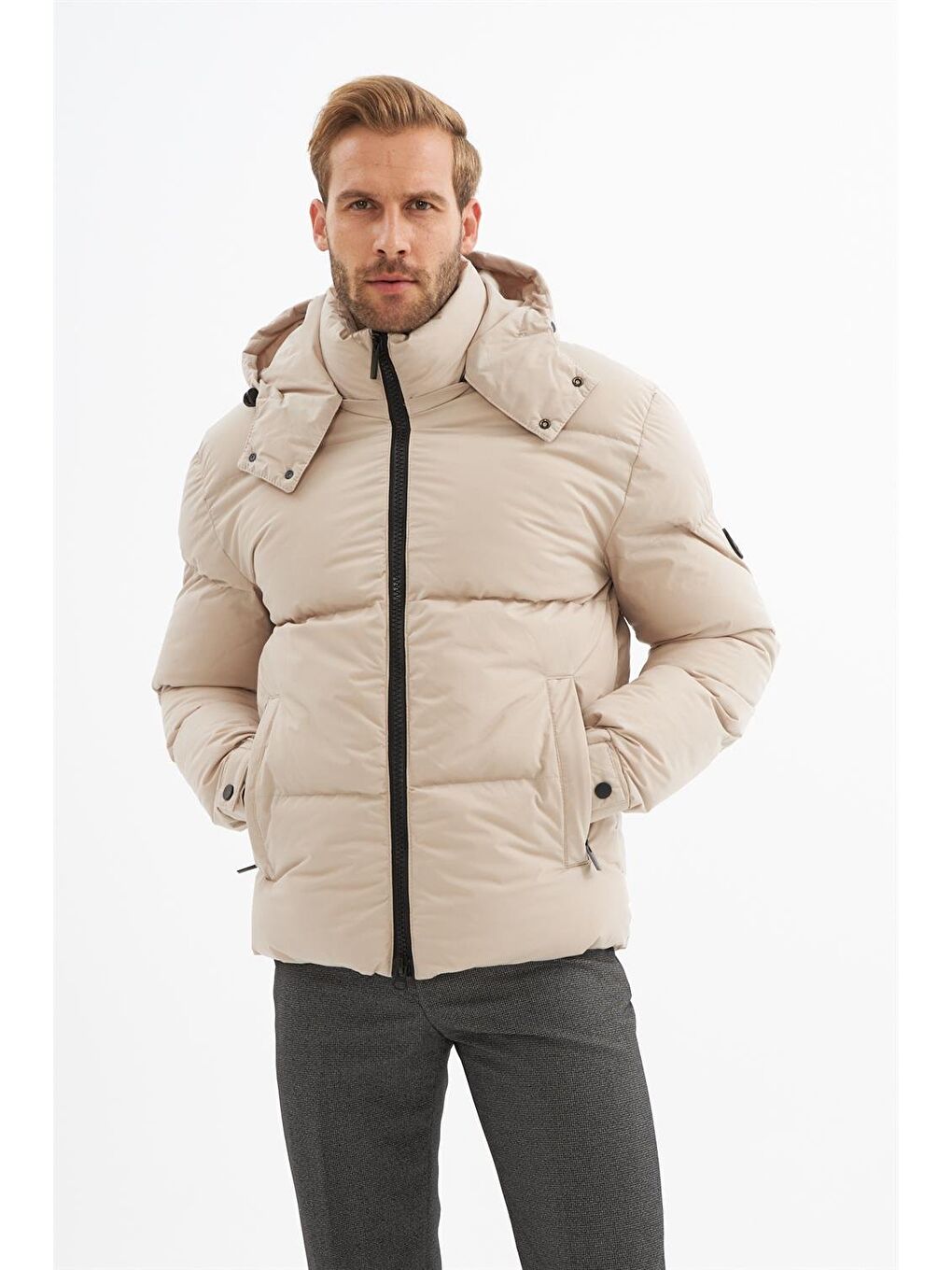 Bej Erkek Su Geçirmez Çıkarılabilir Kapüşonlu Şişme Mont Taş