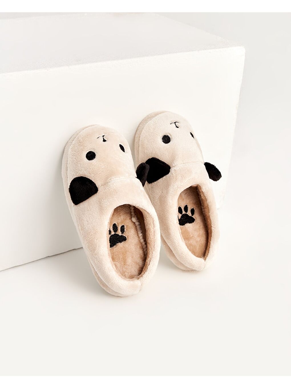 Ekru KÖPÜ - Köpek Figürlü Krem Kadın Ev Terliği-4