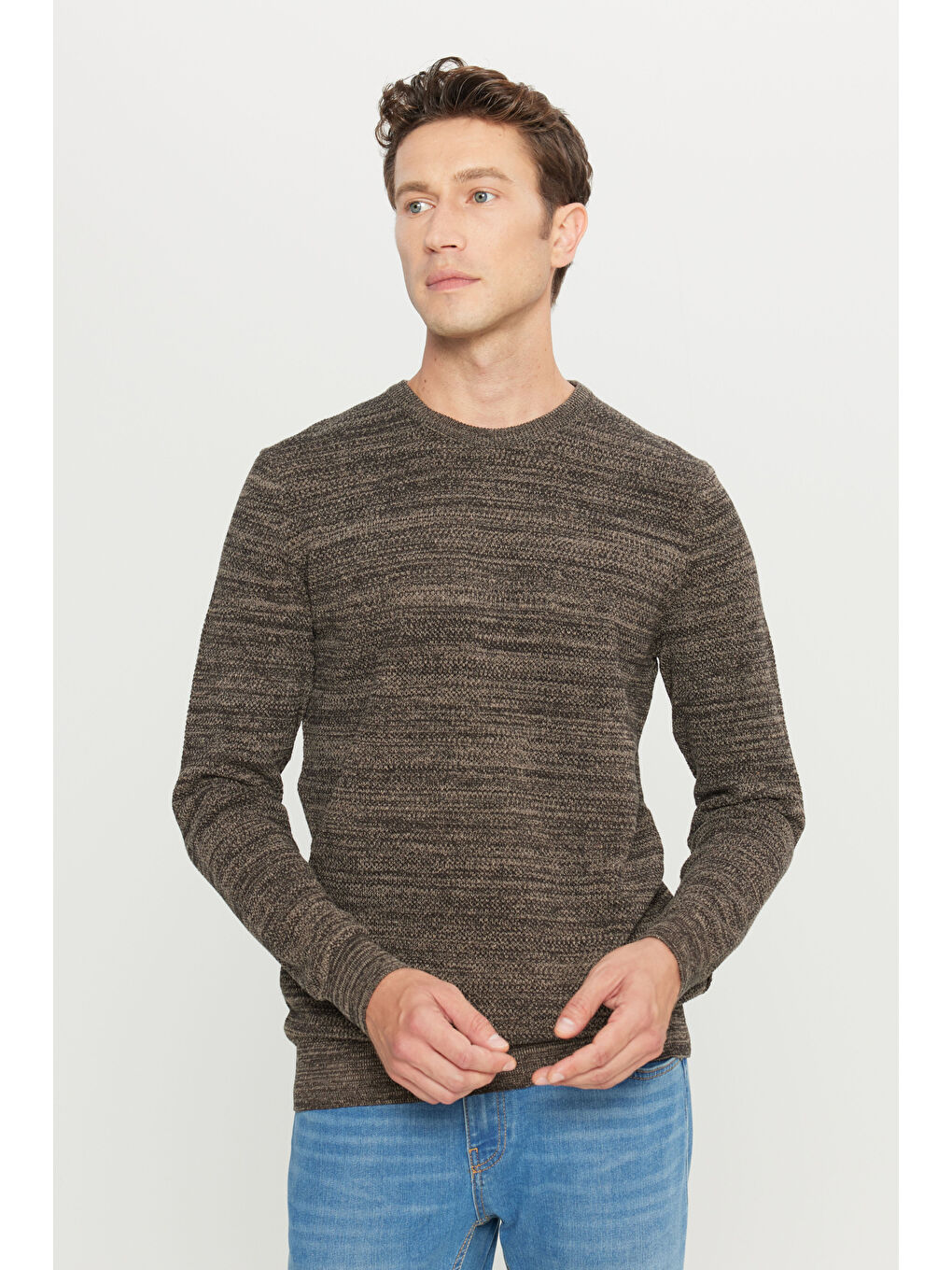 Kahverengi Erkek Kahve-Bej Recycle Standart Fit Bisiklet Yaka Düz Triko Kazak-2