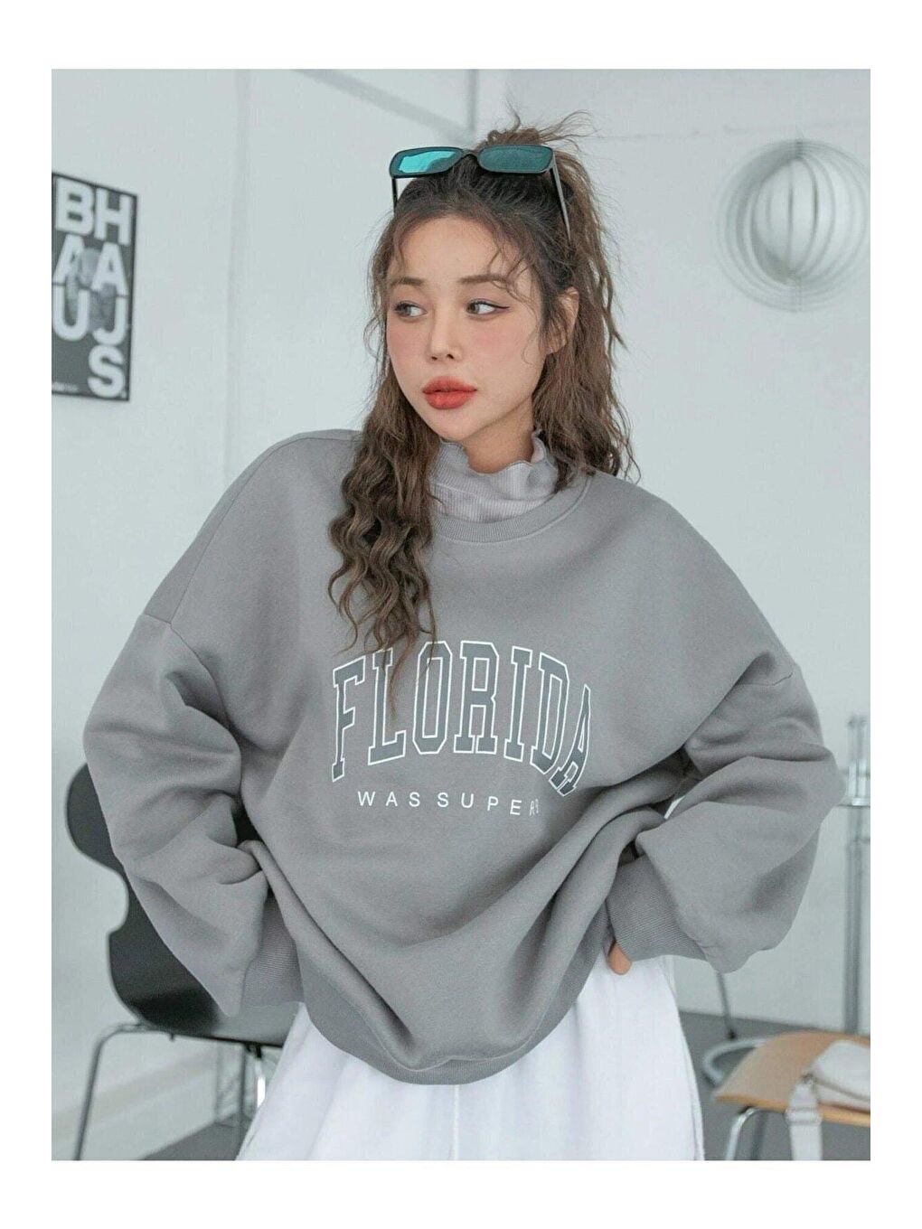 Kadın Gri Florida Baskılı Oversize Sweatshirt-2