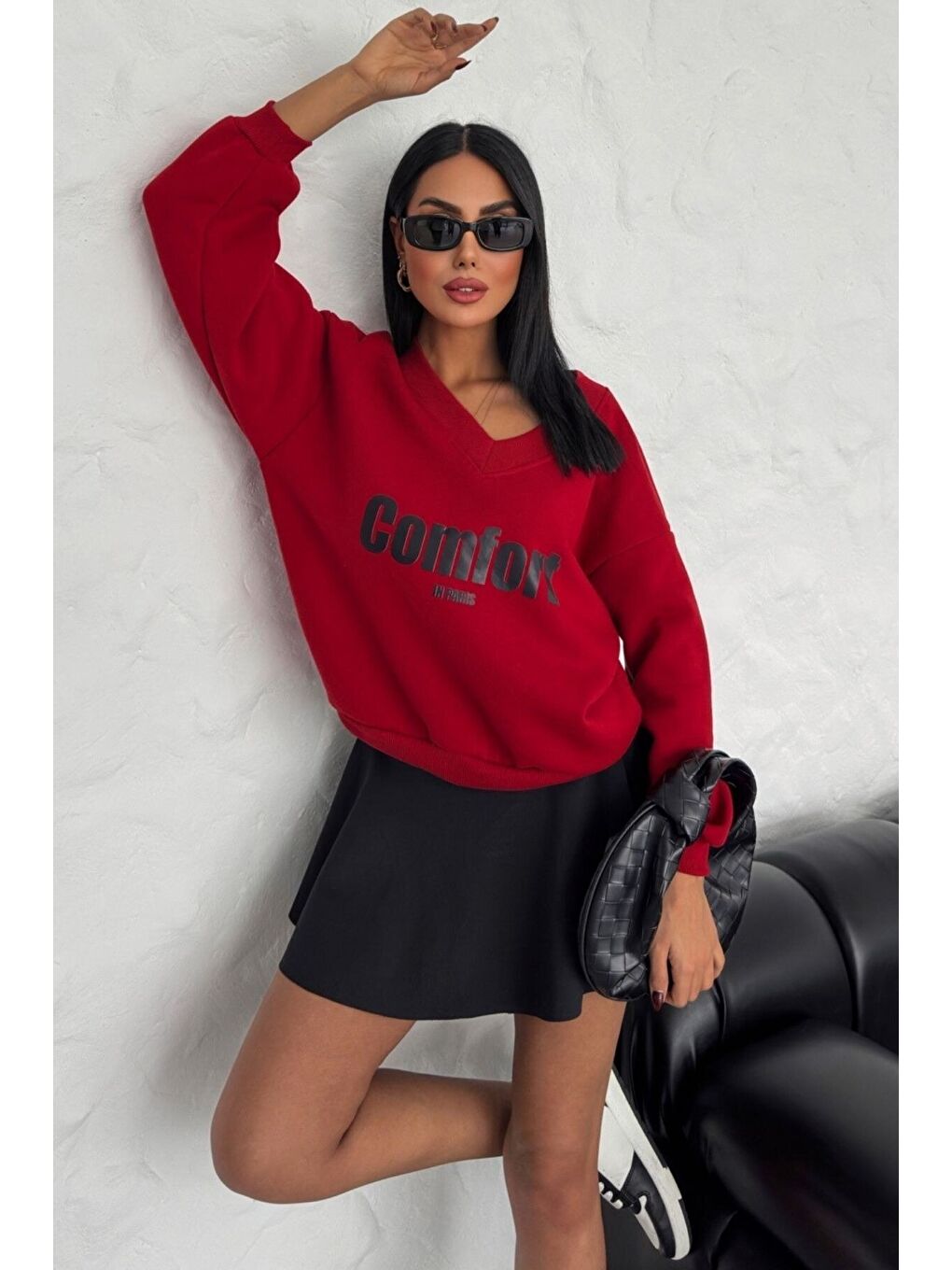 Trendseninle Kadın 3 Iplik Kırmızı Comfort In Paris Baskılı V Yaka Oversize New Sweatshirt - 2