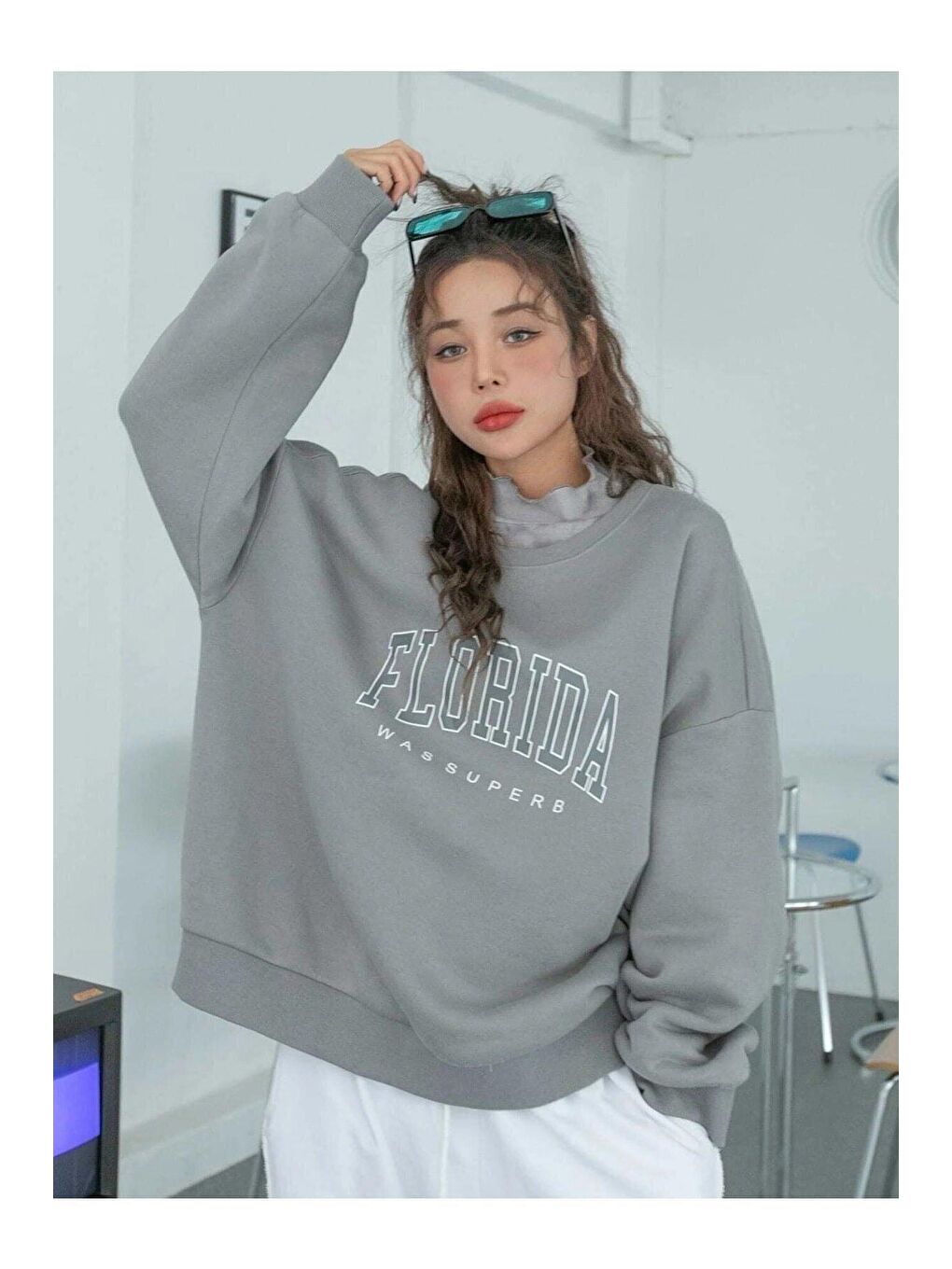 Kadın Gri Florida Baskılı Oversize Sweatshirt-3