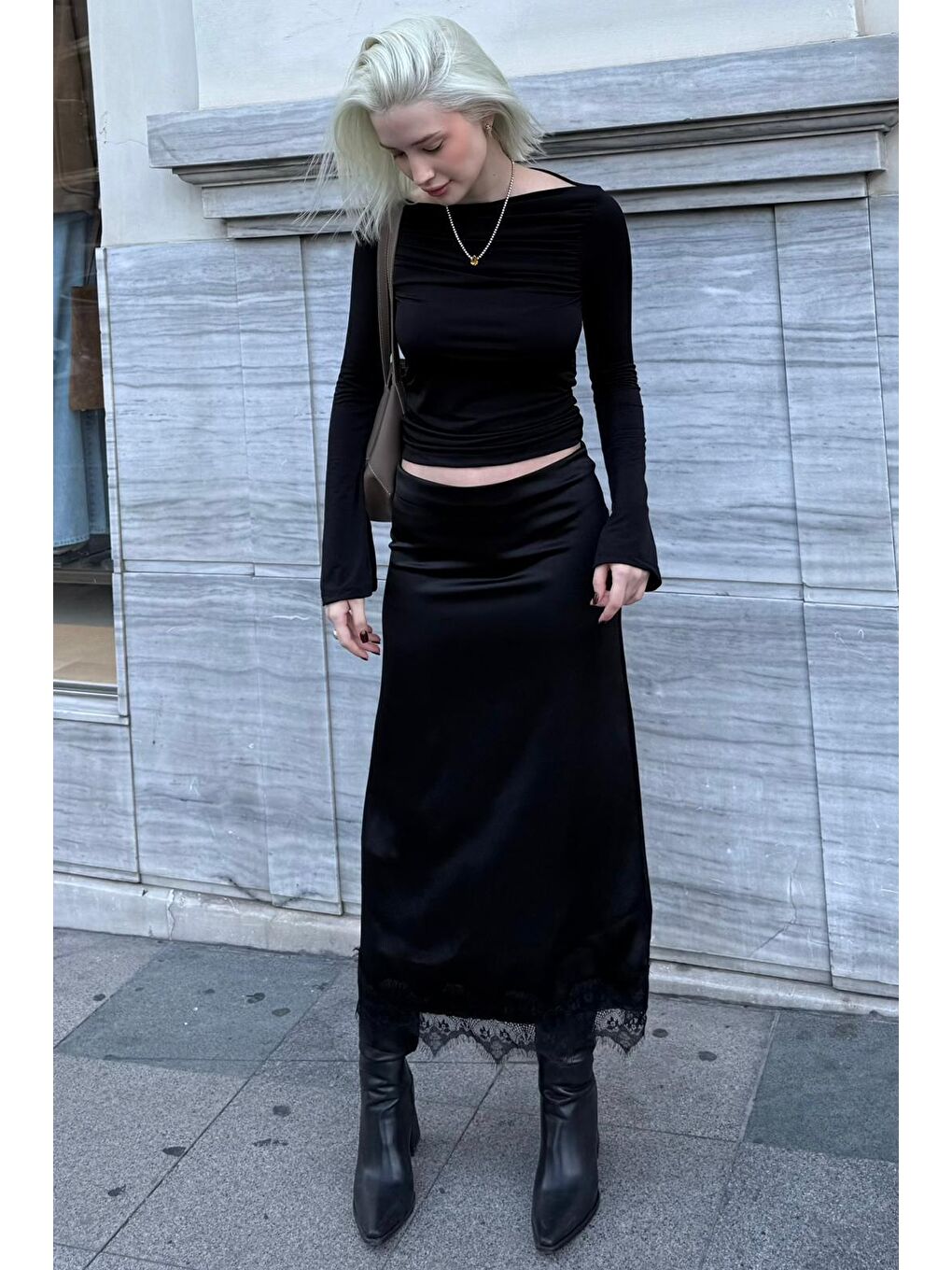 Siyah Saten Dantelli Midi Boy Kadın Etek Mg2538-8