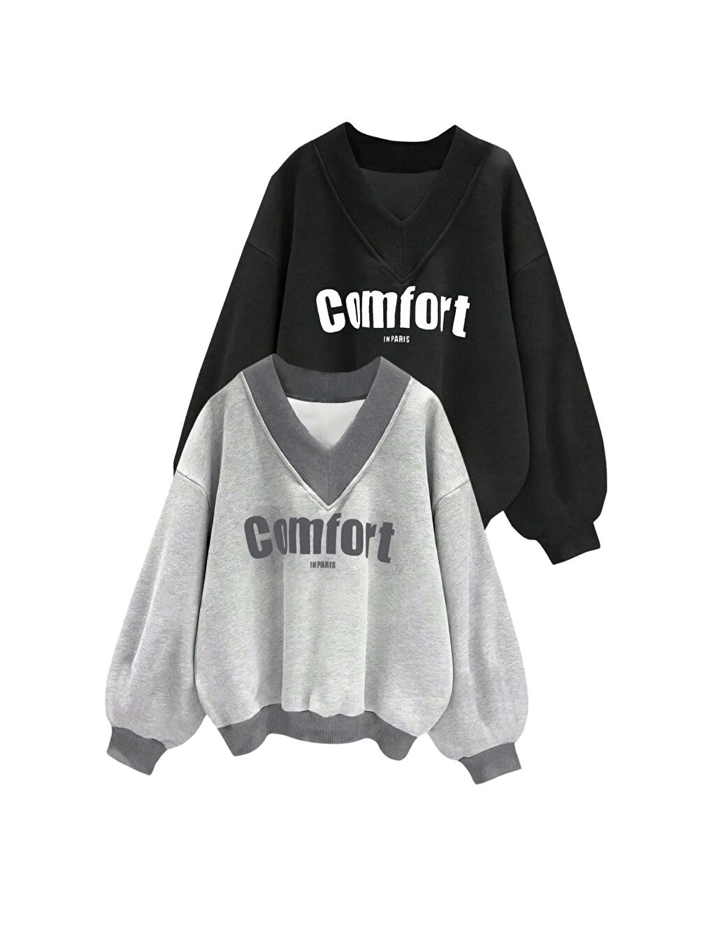 Gri Kadın Lightgri siyah 2 li Comfort In Paris Baskılı V Yaka Oversize Sweatshirt