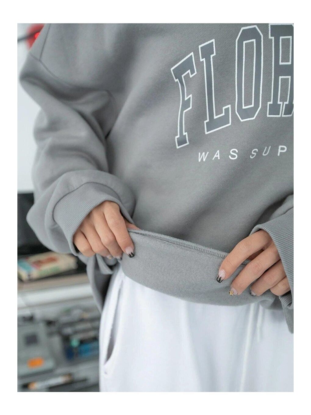 Kadın Gri Florida Baskılı Oversize Sweatshirt-4