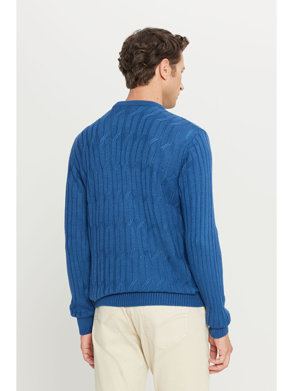 Erkek Havacı Mavi Standart Fit Normal Kesim Bisiklet Yaka Jakarlı Triko %100 Pamuk Kazak-4