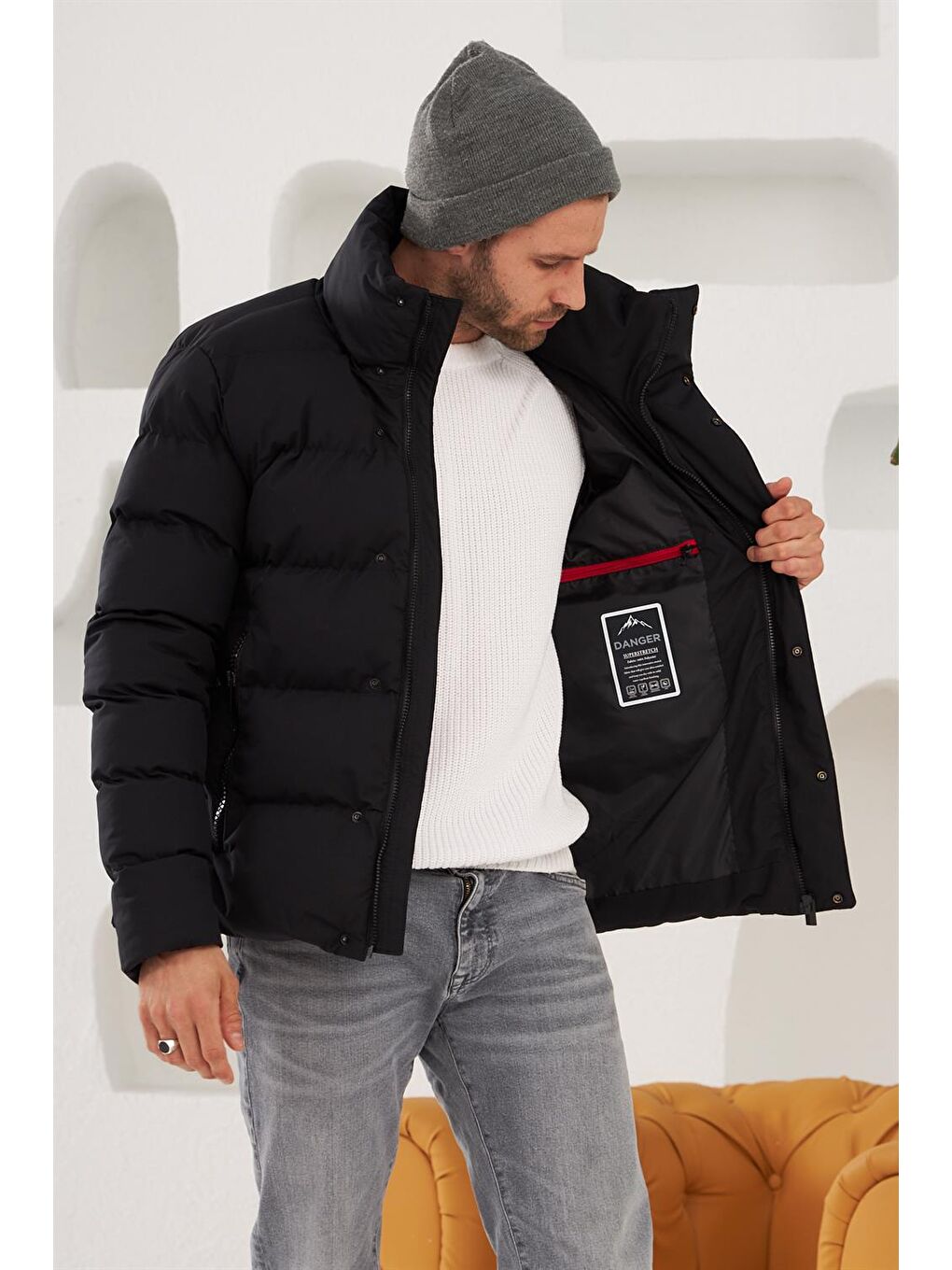 Danger Erkek Dik Yaka Yağmur Ve Rüzgar Geçirmez Puffer Mont Siyah - 5