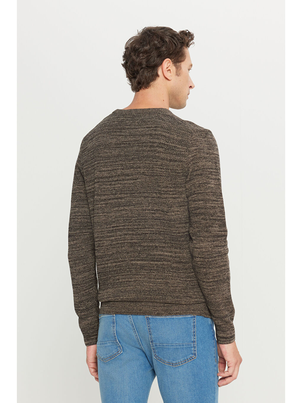 Kahverengi Erkek Kahve-Bej Recycle Standart Fit Bisiklet Yaka Düz Triko Kazak-4