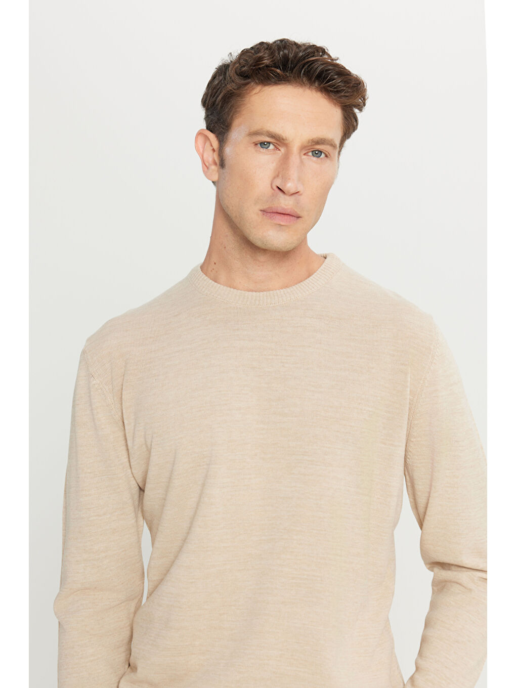 Erkek Bej Anti-Pilling Tüylenme Yapmayan Standart Fit Normal Kesim Bisiklet Yaka Triko Kazak-3