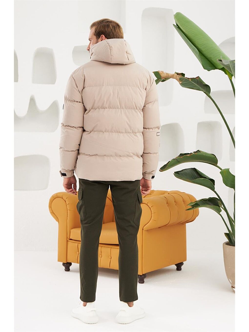 Bej Erkek Su Ve Rüzgar Geçirmez Spor Şişme Mont Taş-5