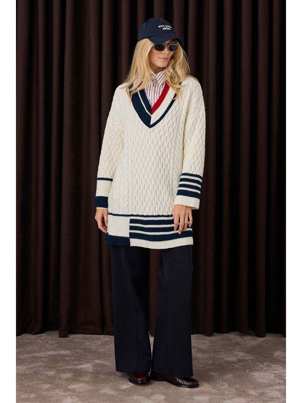 Şerit Detaylı Dokulu Kazak Ekru-1