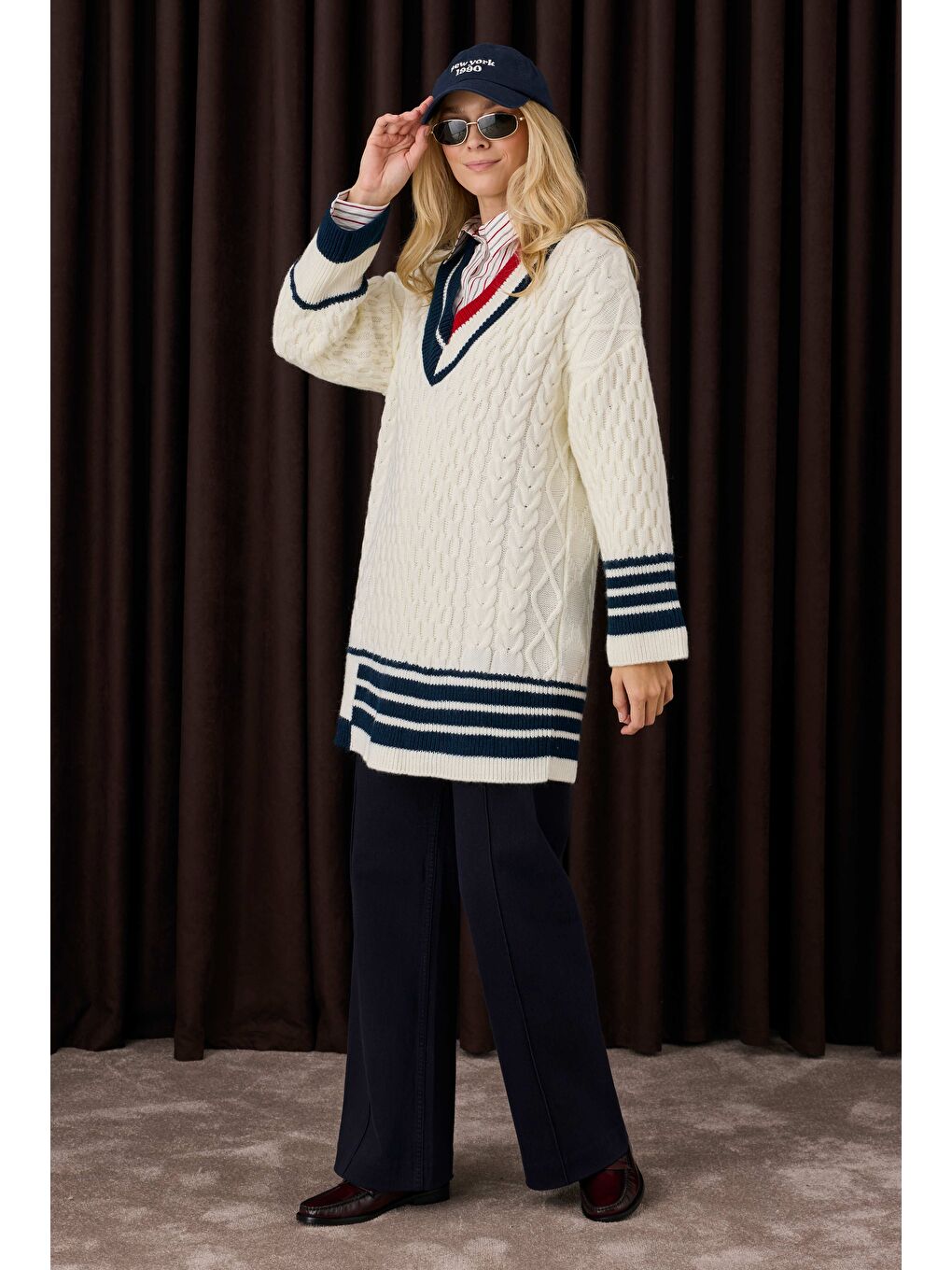 Şerit Detaylı Dokulu Kazak Ekru-2