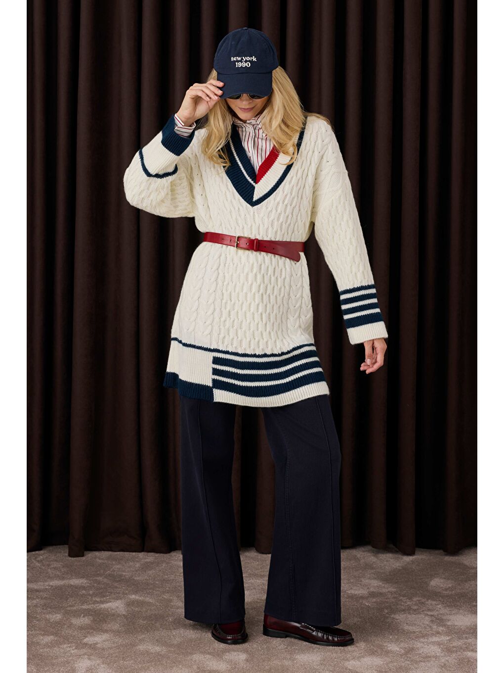 Şerit Detaylı Dokulu Kazak Ekru-3