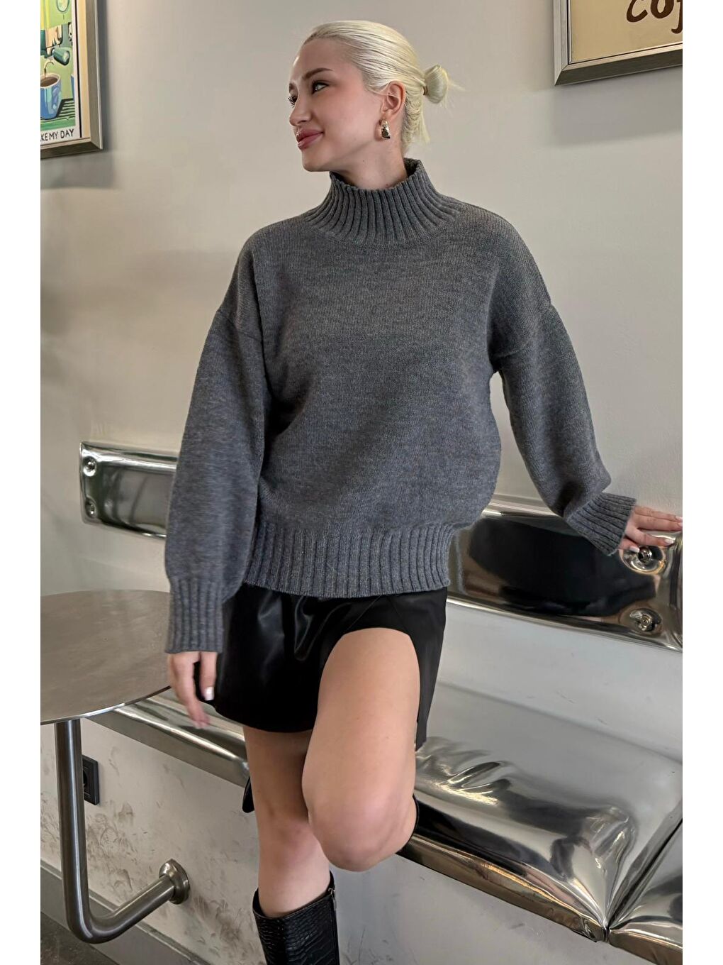 Antrasit Boğazlı Kadın Triko Kazak Mg2535-5