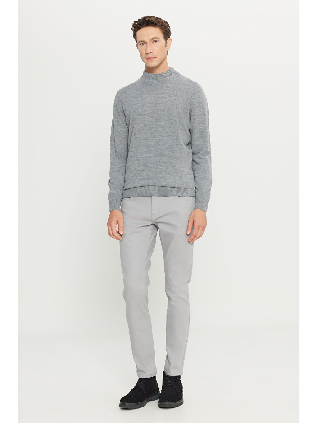 Erkek Gri Melanj Tüylenme Yapmayan Anti-Pilling Standart Fit Yarım Balıkçı Yaka Triko Kazak-1