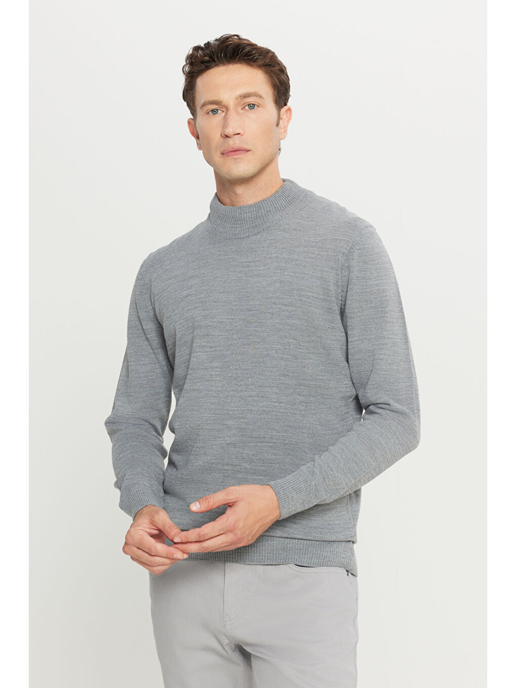 Erkek Gri Melanj Tüylenme Yapmayan Anti-Pilling Standart Fit Yarım Balıkçı Yaka Triko Kazak-2