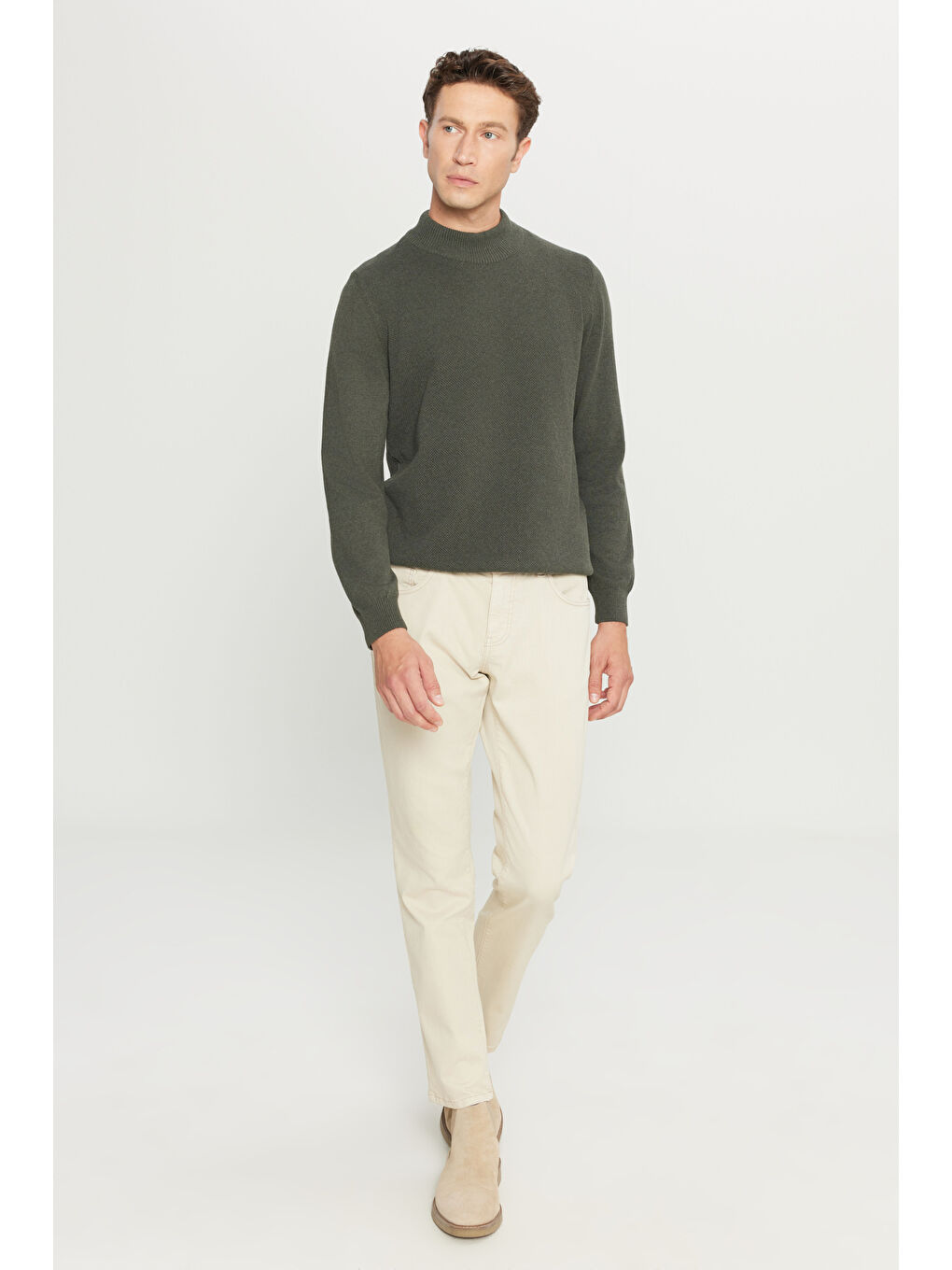 Erkek Haki Standart Fit Normal Kesim Yarım Balıkçı Yaka Pamuklu Triko-1