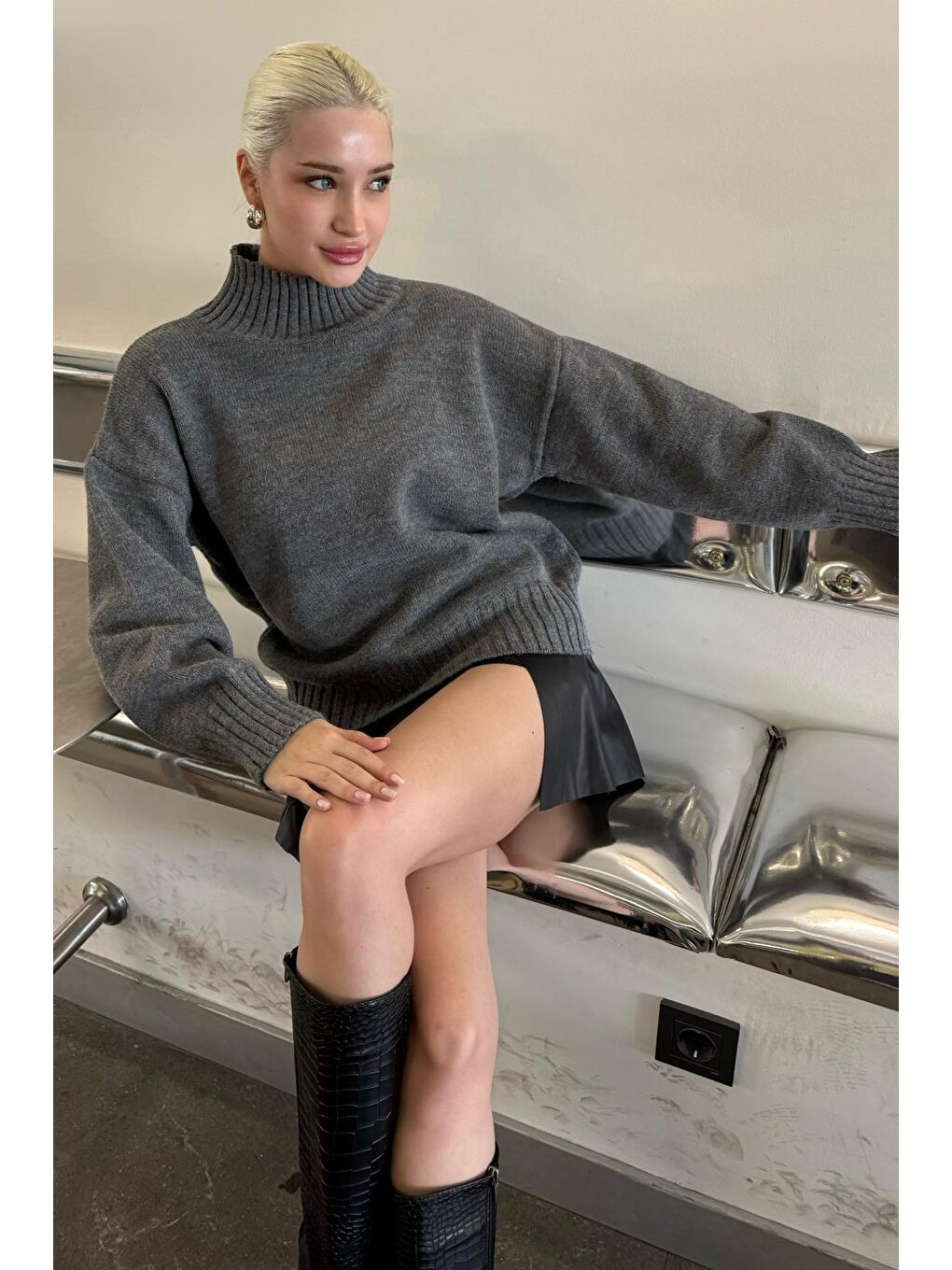 Antrasit Boğazlı Kadın Triko Kazak Mg2535-11