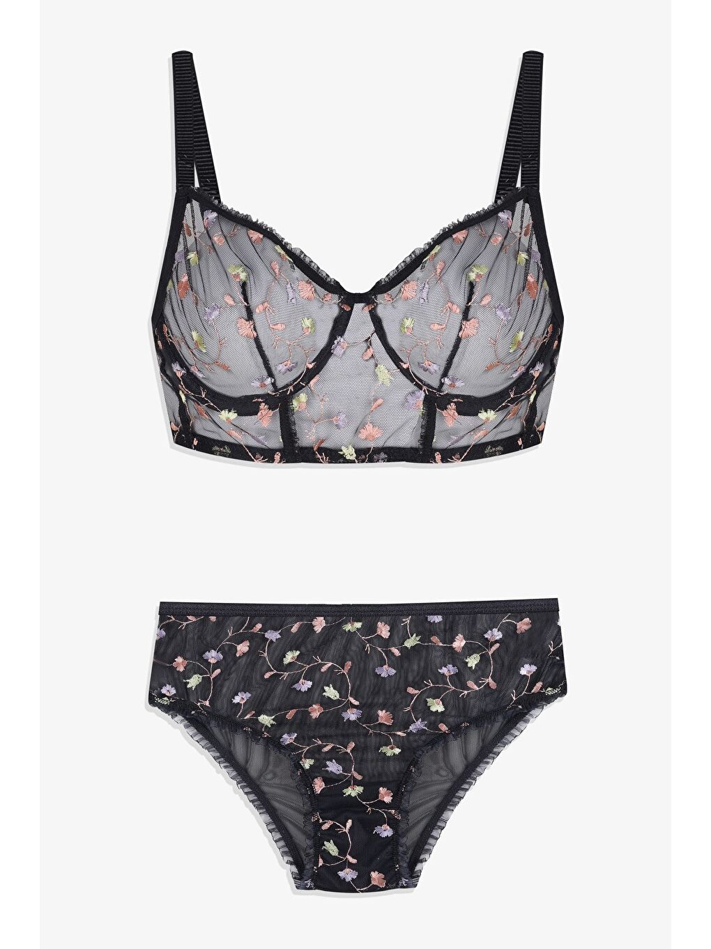 Siyah Kadın Çiçekli Desenli Dolgusuz Brodeli Tüllü Sütyen Takım