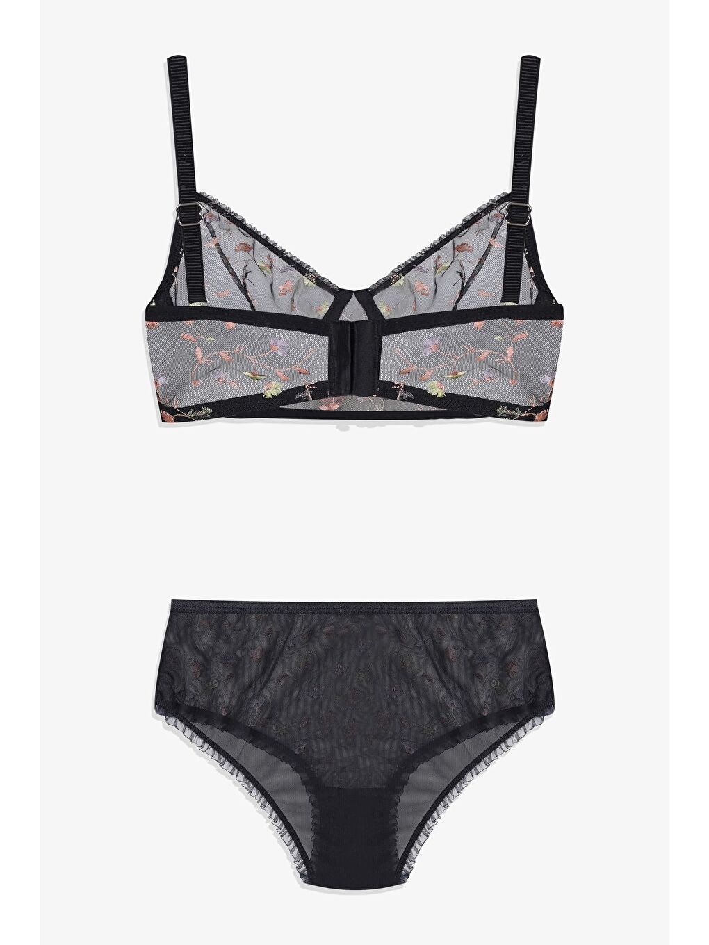 Siyah Kadın Çiçekli Desenli Dolgusuz Brodeli Tüllü Sütyen Takım-1