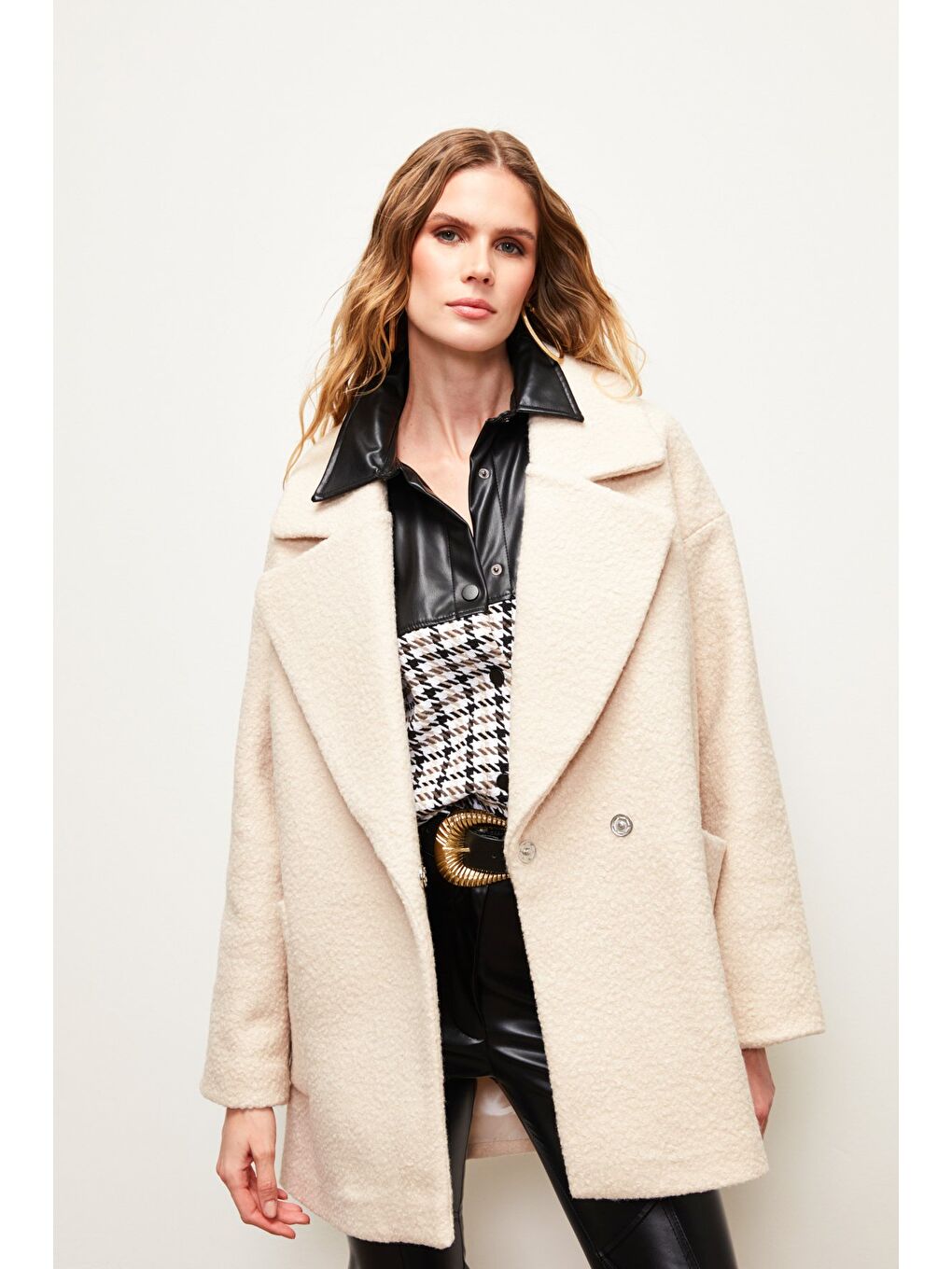 Geniş Cepli Buklet Kaban - Bej-2