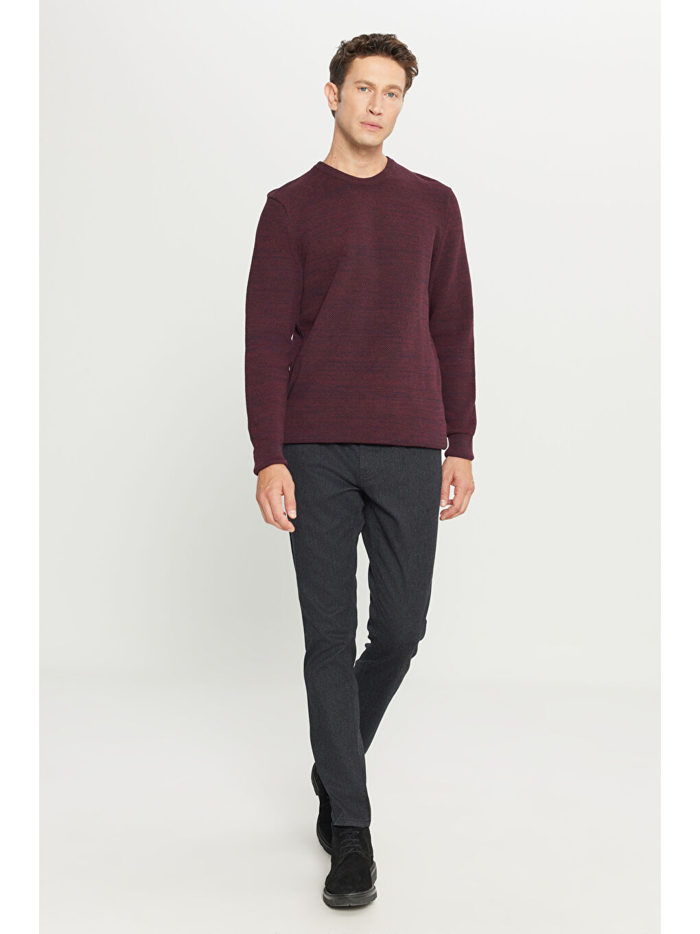 Erkek Bordo-Lacivert Recycle Standart Fit Bisiklet Yaka Desenli Triko Kazak-1