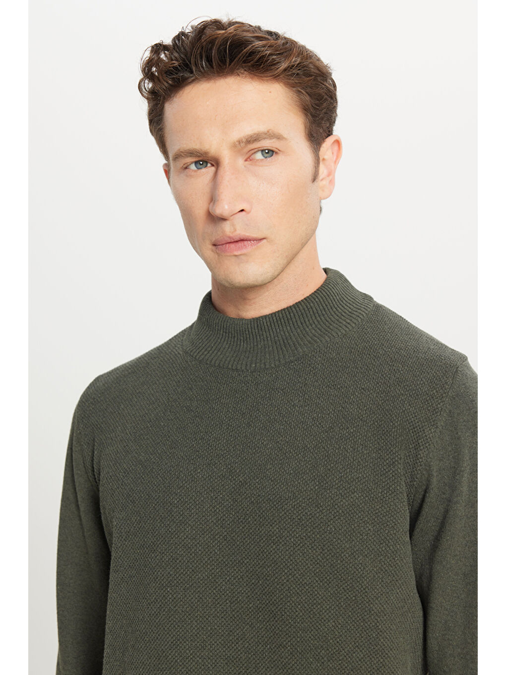 Erkek Haki Standart Fit Normal Kesim Yarım Balıkçı Yaka Pamuklu Triko-3