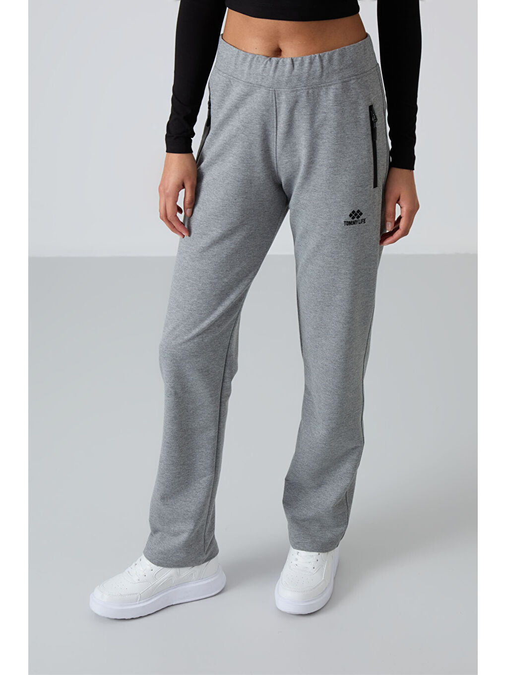 Gri Melanj Fermuar Cepli Rahat Form Klasik Paça Kadın Eşofman Alt - 94195-1