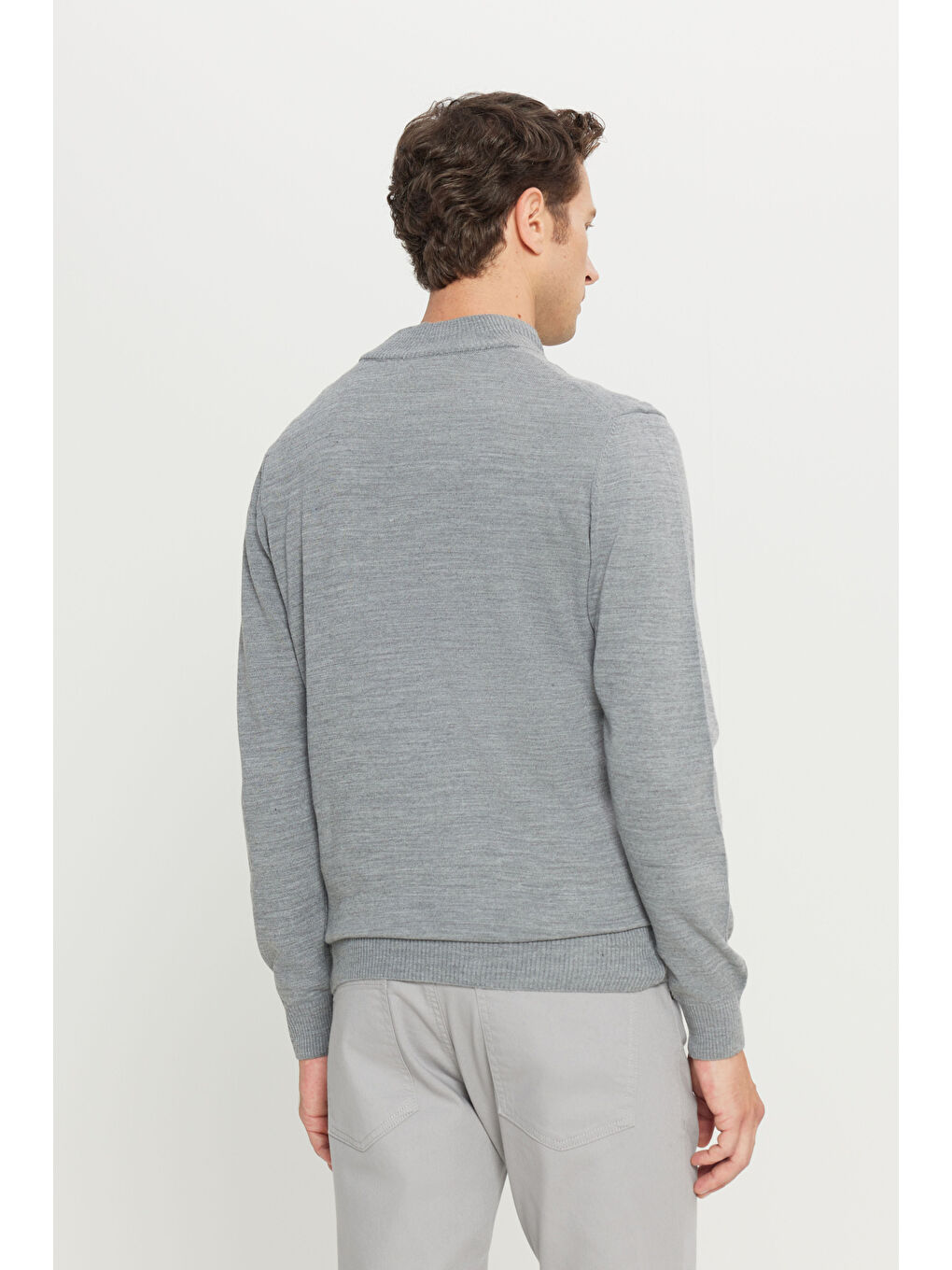 Erkek Gri Melanj Tüylenme Yapmayan Anti-Pilling Standart Fit Yarım Balıkçı Yaka Triko Kazak-4