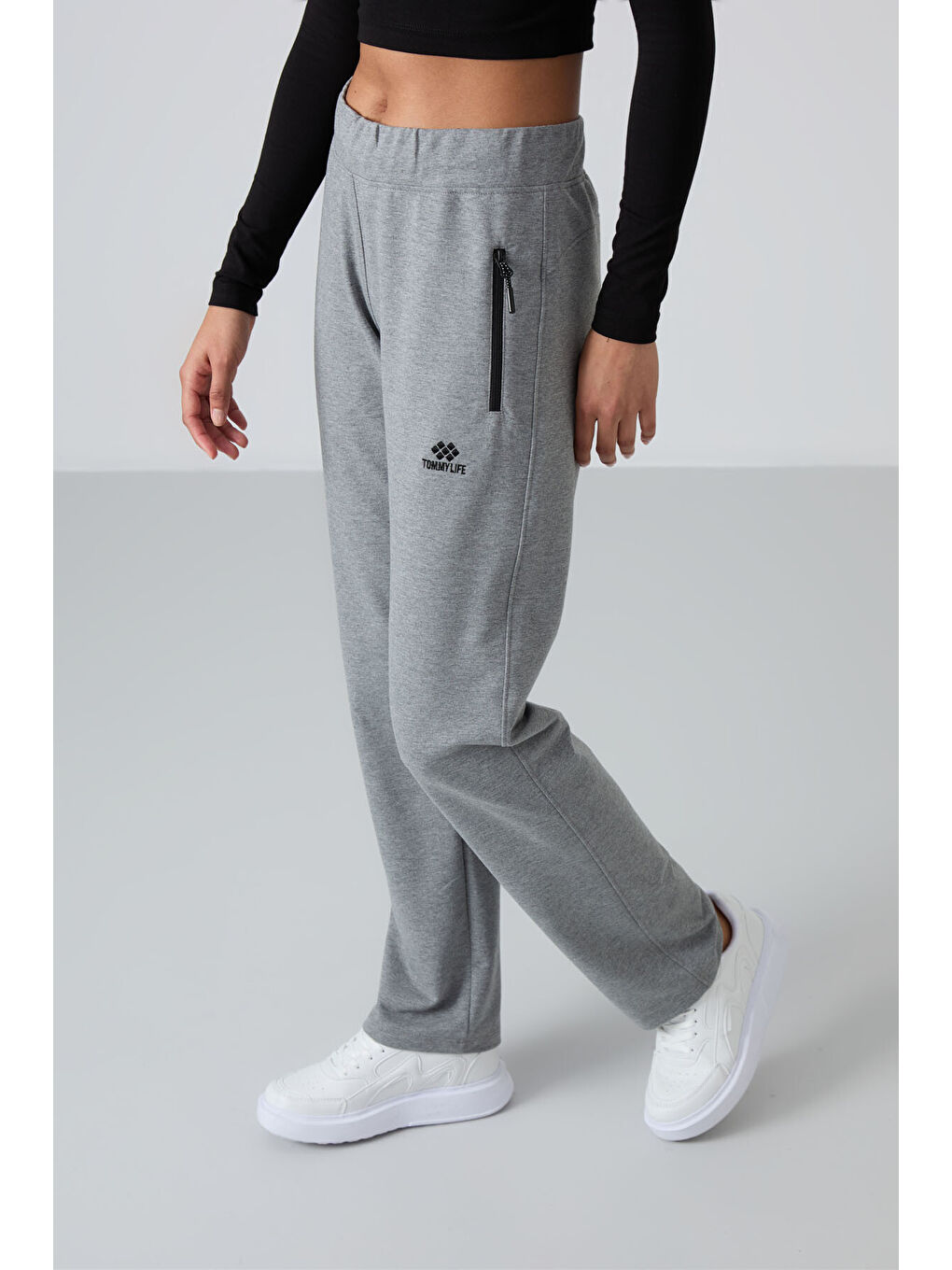 Gri Melanj Fermuar Cepli Rahat Form Klasik Paça Kadın Eşofman Alt - 94195-3