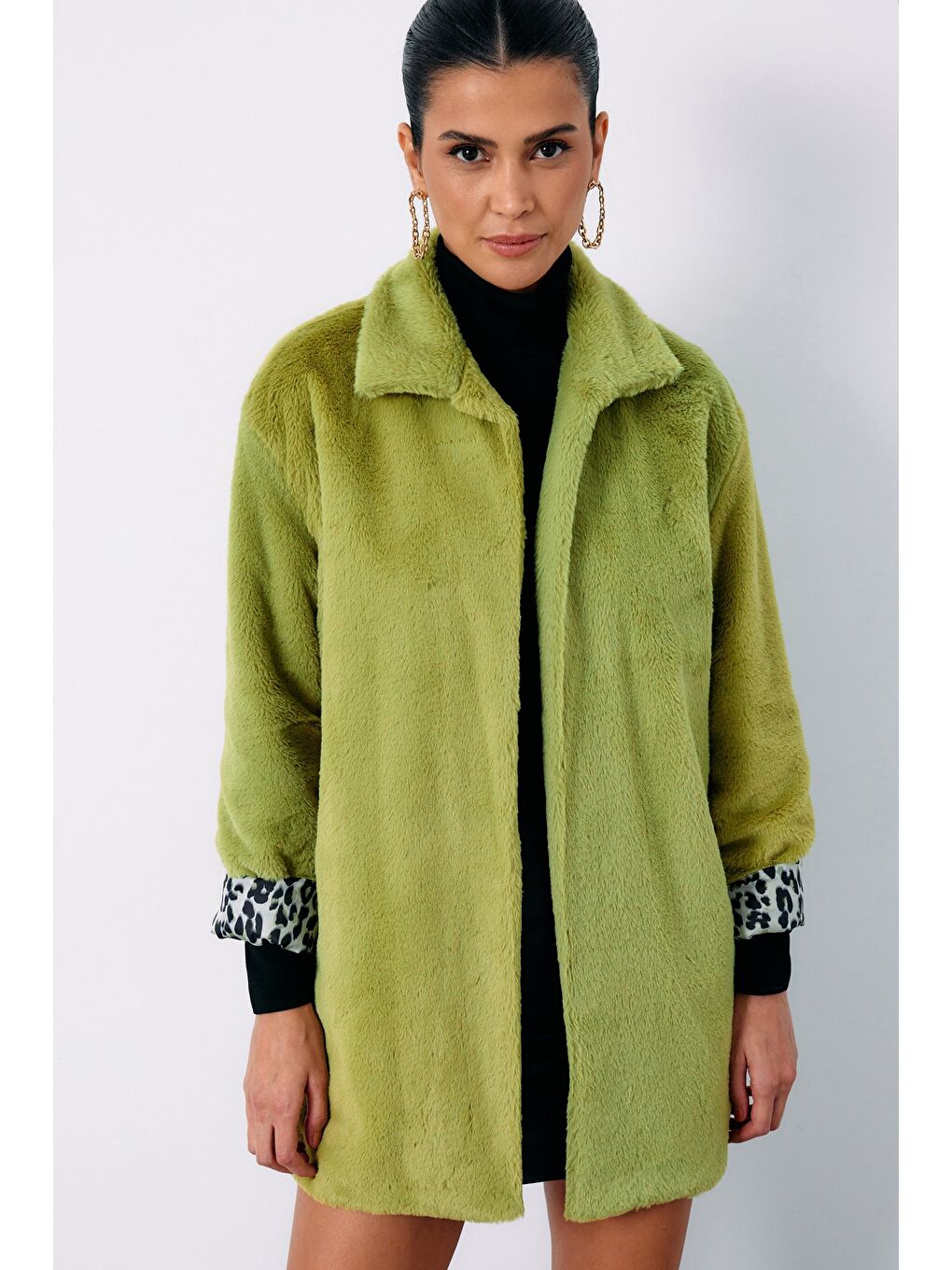 Leopar Astarlı Pelüş Kaban - Yeşil-2