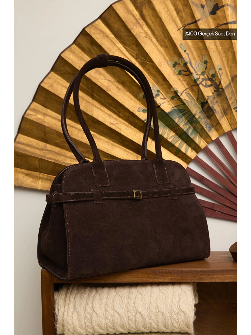 Süet Kemerli Çanta Kahverengi-1