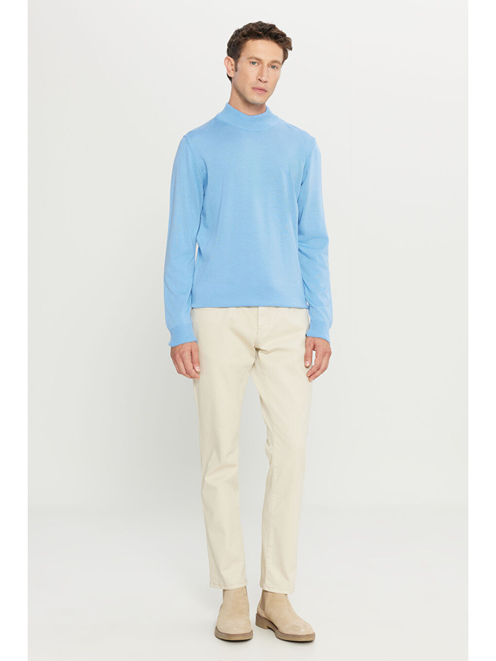 Erkek Açık Mavi Tüylenme Yapmayan Anti-Pilling Standart Fit Yarım Balıkçı Yaka Triko Kazak-1