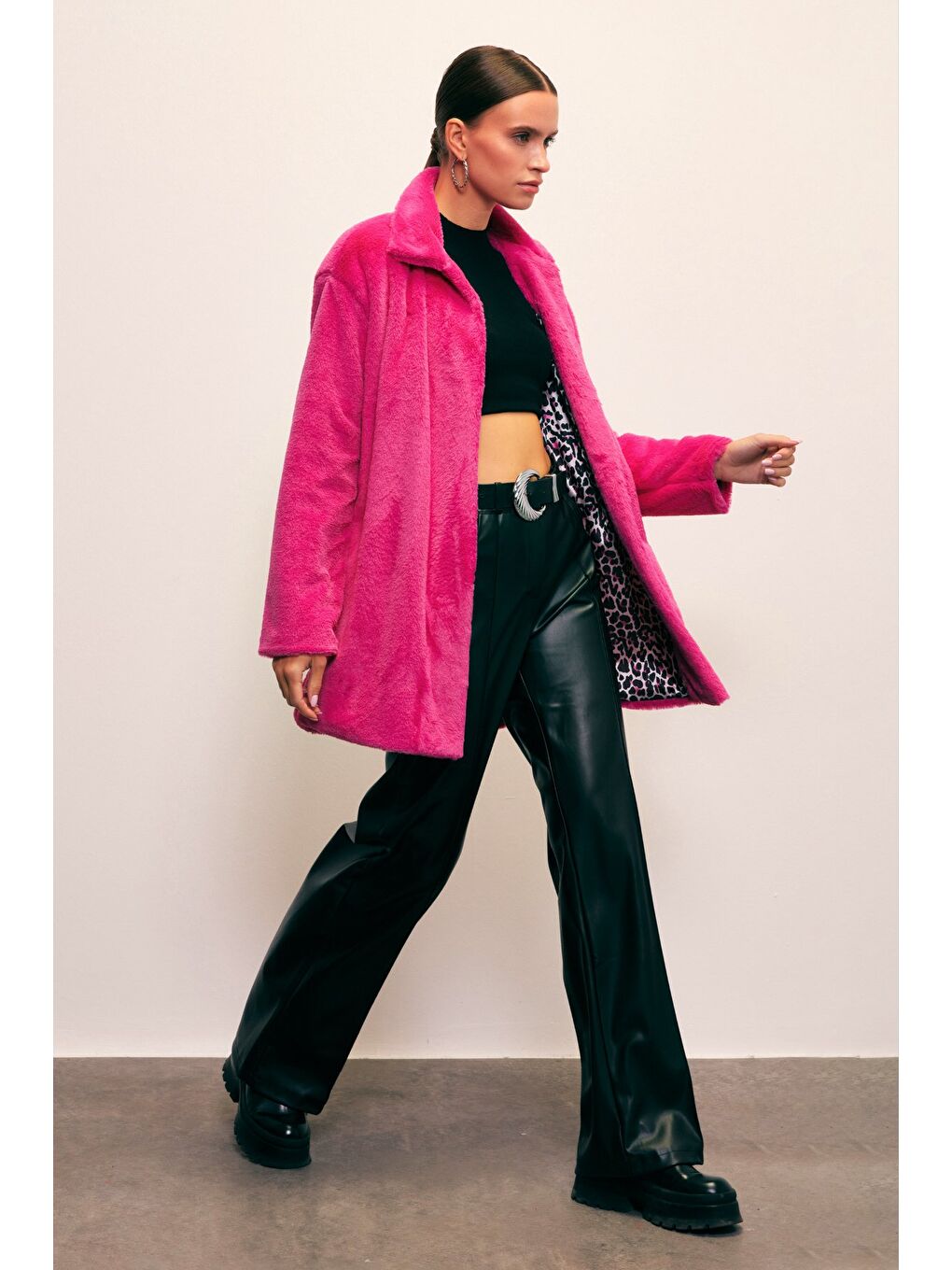 Leopar Astarlı Pelüş Kaban - Fuşya