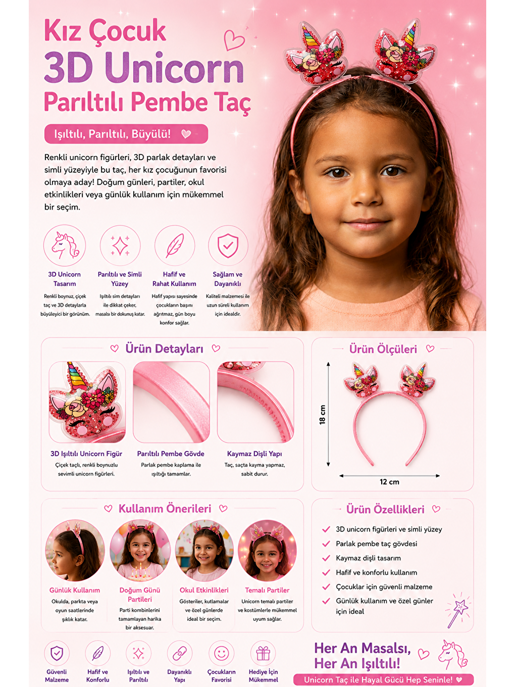 Kız Çocuk 3D Parıltılı Pembe Taç-2